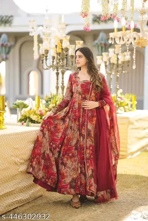 Flower Print Long Anarkali Kurti With Dupatta (No Bottom Wear)